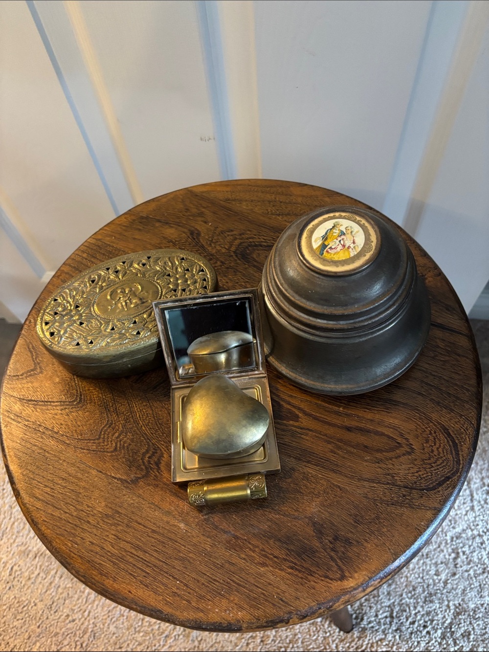 Vintage Brass Heart Trinket Box Compact and Musical Powder Container